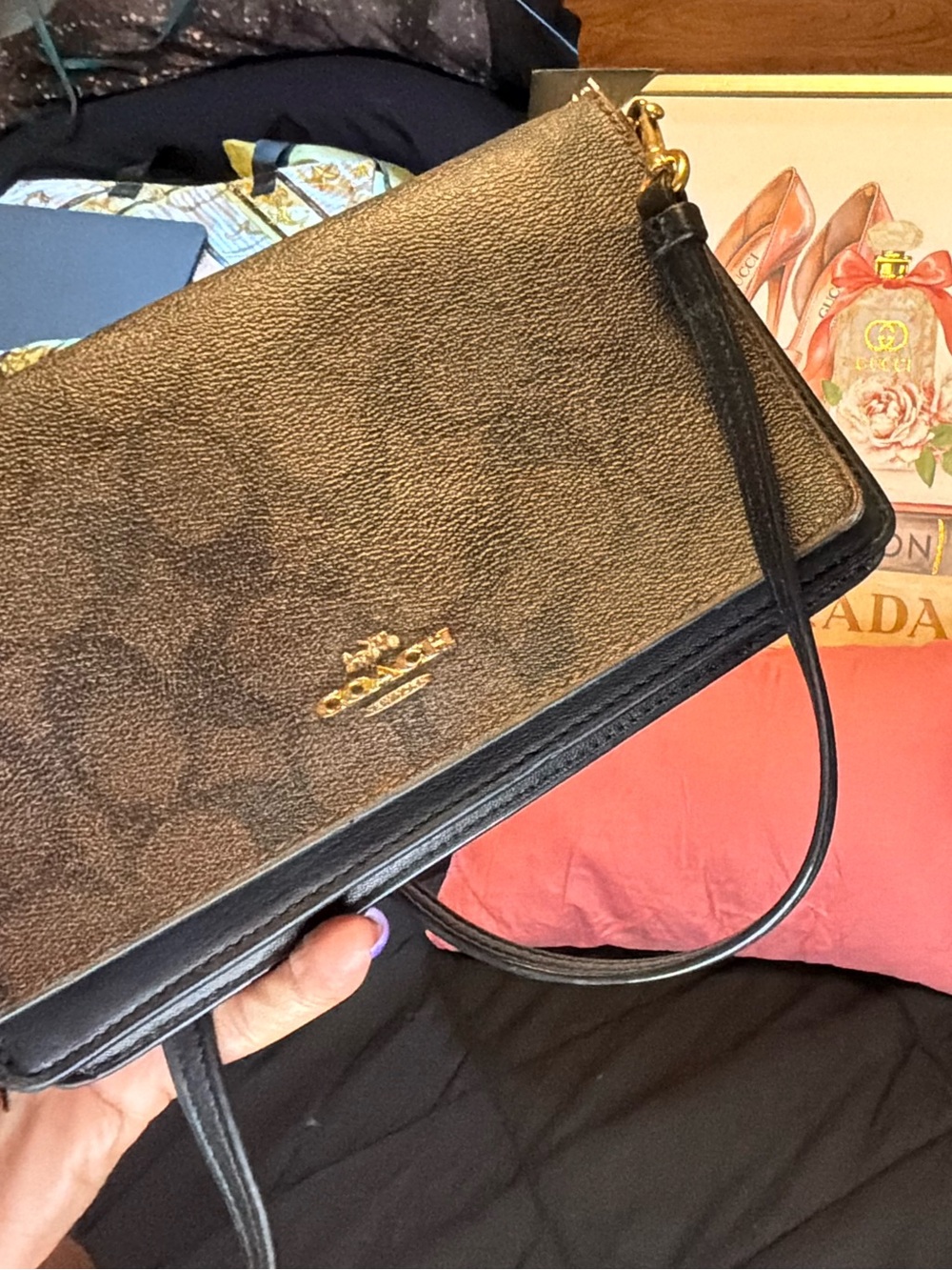 Coach Brown/Black Signature Crossbody Wallet - Picture 6 of 14